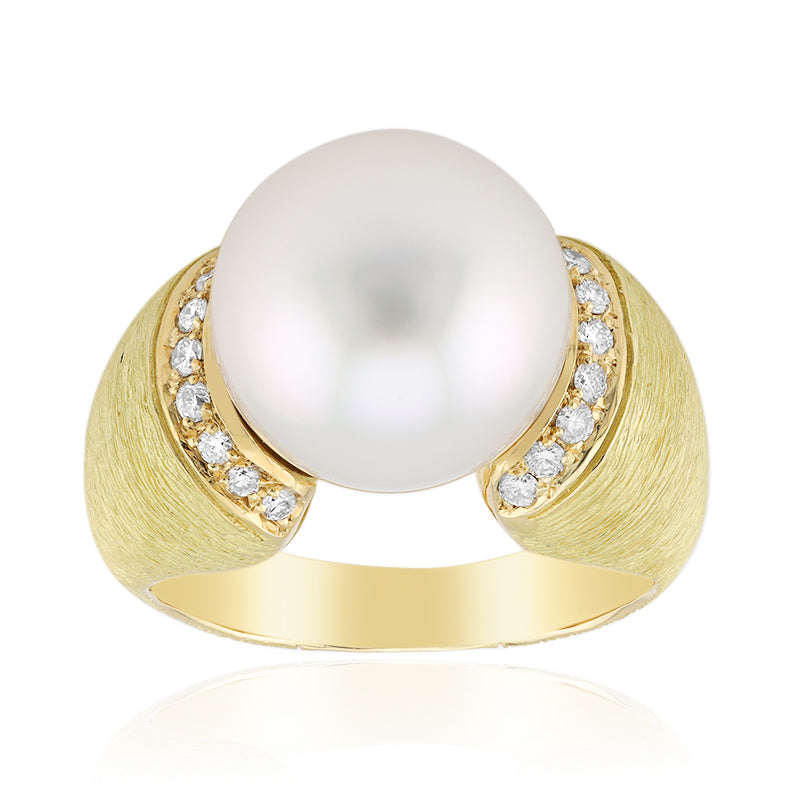 18K WHITE SOUTH SEA PEARL & SI2 (H) DIAMOND YELLOW GOLD RING image 0